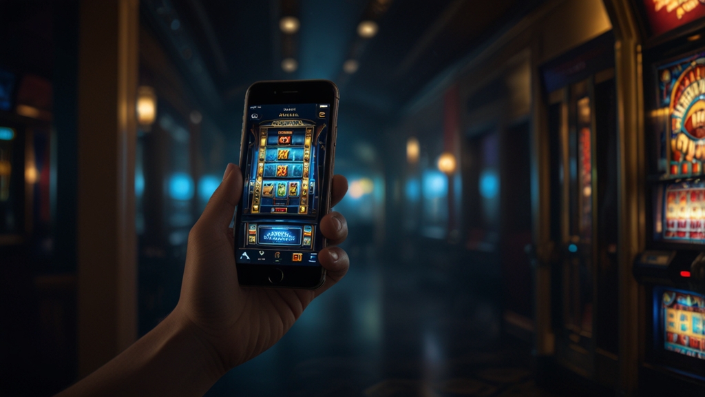 Smartphone download screen in a dark casino setting